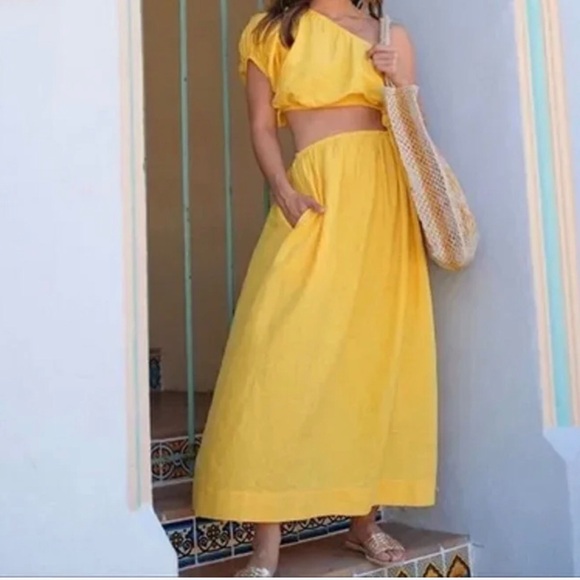 Farm Rio One Shoulder Open Waist Knotted Yellow Linen Blend Midi Dress Sz Small - Picture 12 of 13